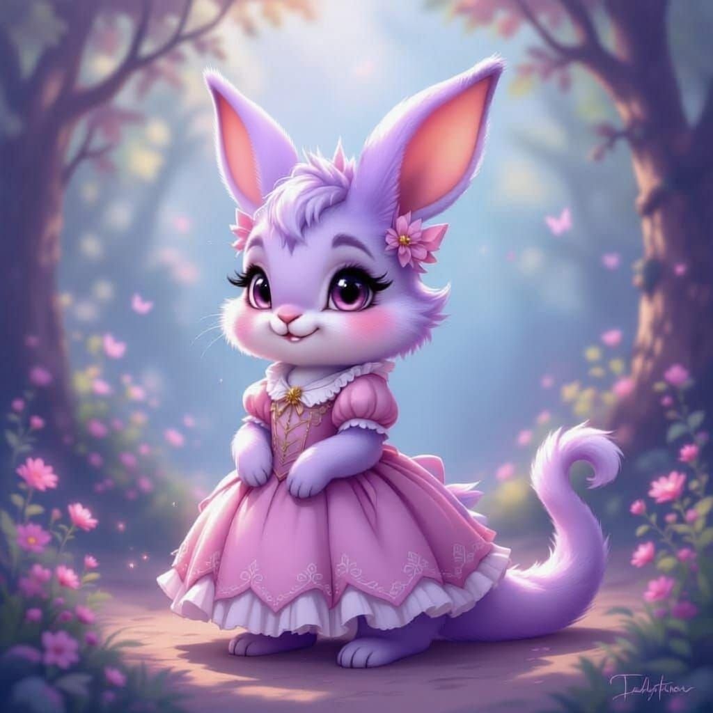 Lavender Bunny Dragon in Pink Dress