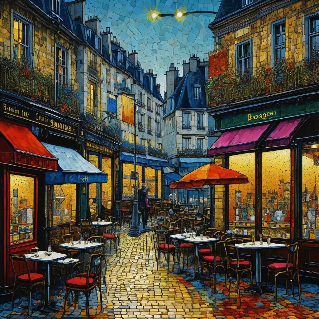 Paris Cafe Scene in Pointillism Expressionism