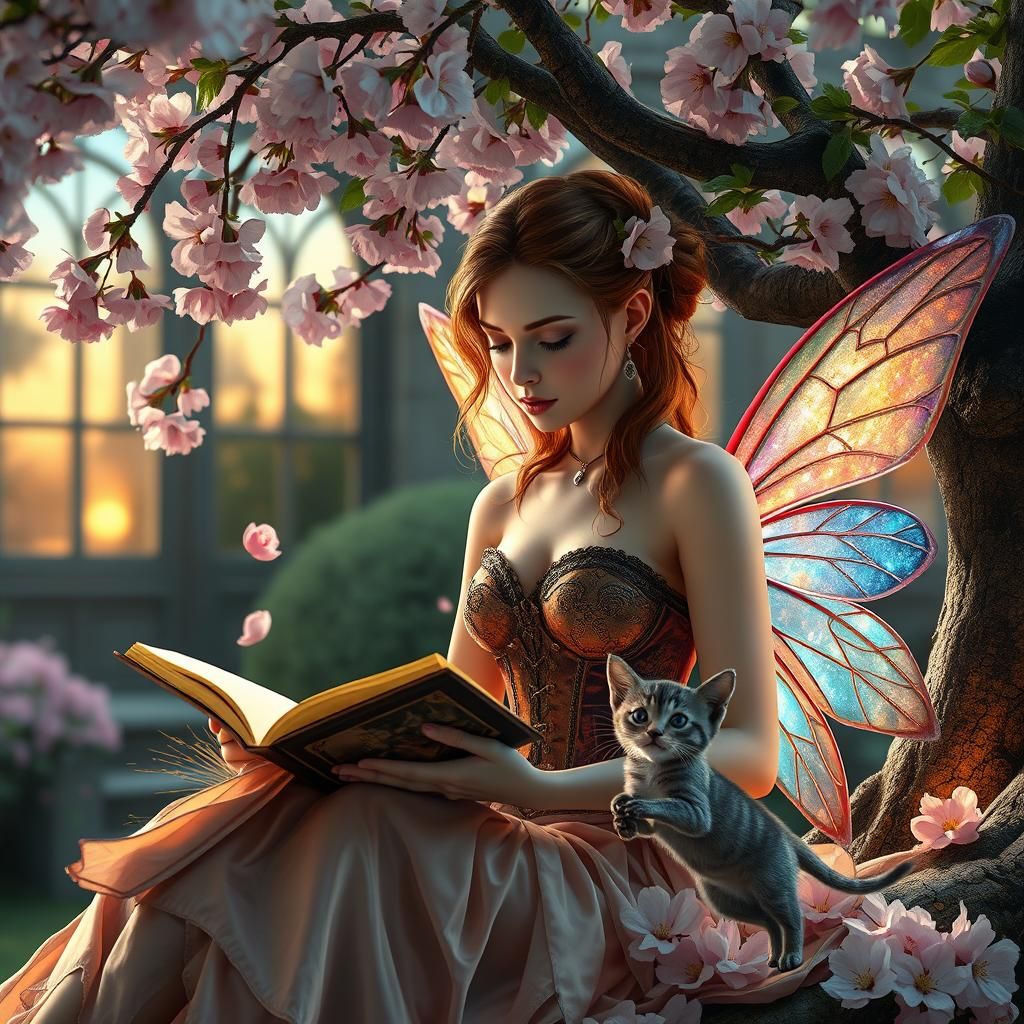 Fairy Reading in Cherry Blossom Garden