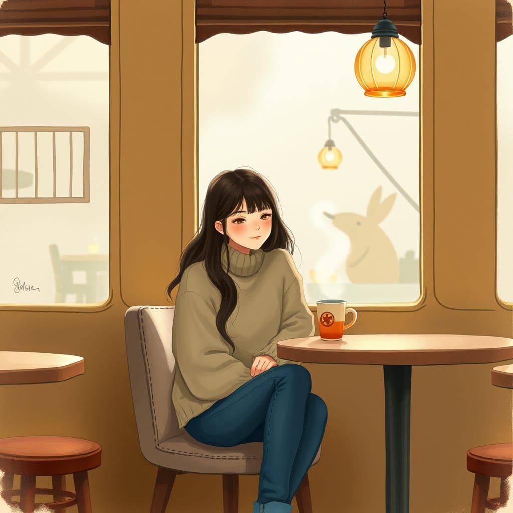 Shy Woman in Cozy Cafe: Whimsical Watercolor Art