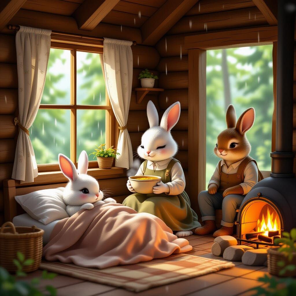 Cozy Forest Cabin Scene with Bunny Family