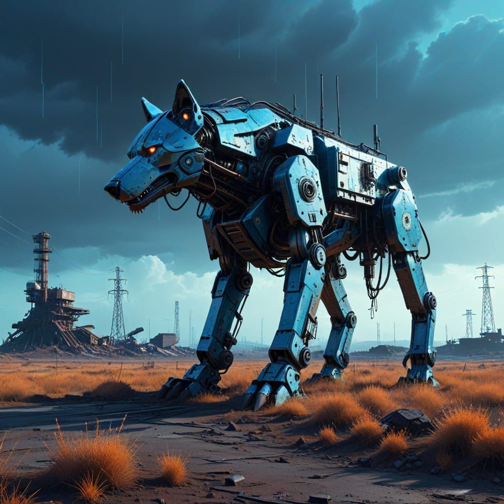 Chrome Wolf Robot in Cyberpunk Wasteland