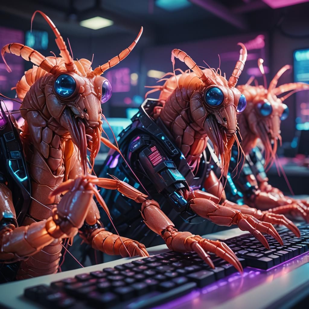 Neon-lit Prawns Typing in Open Space: Cinematic Still