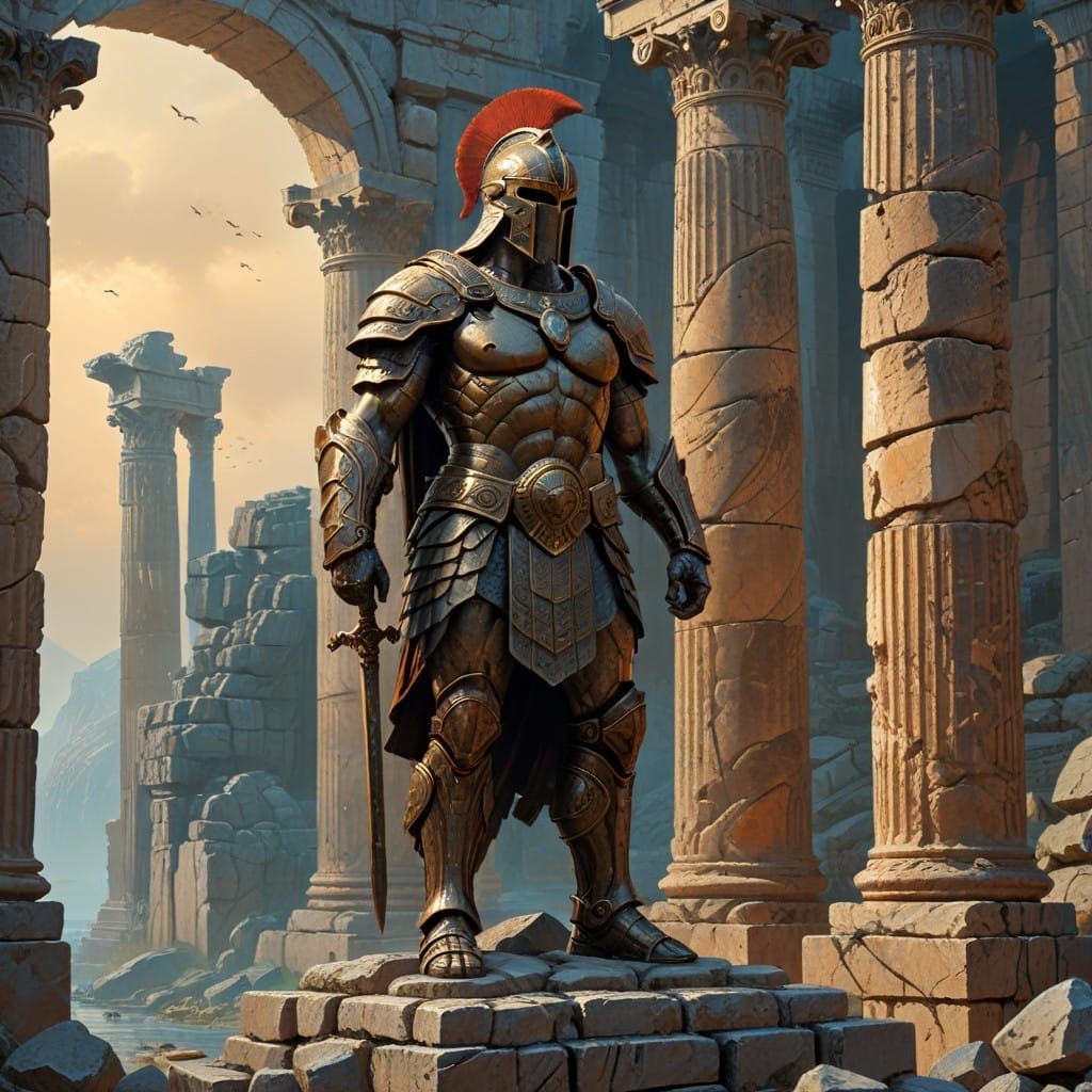 One-Eyed Warrior in Ancient Greek Ruins