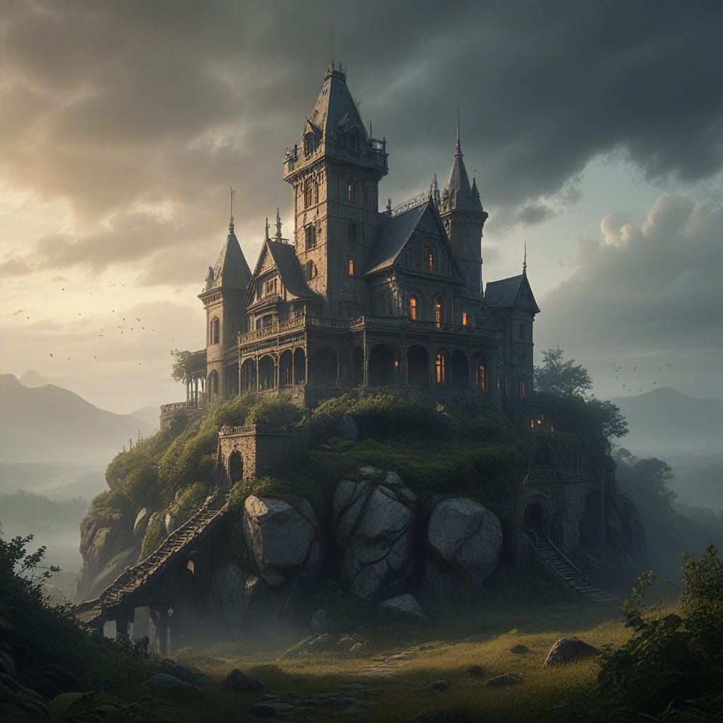 Mystical Hilltop Mansion in Golden Mist
