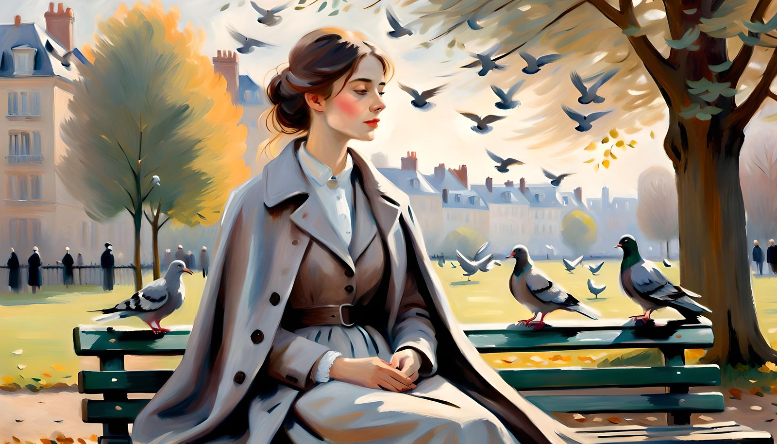 Depressed Woman with Pigeons in Park