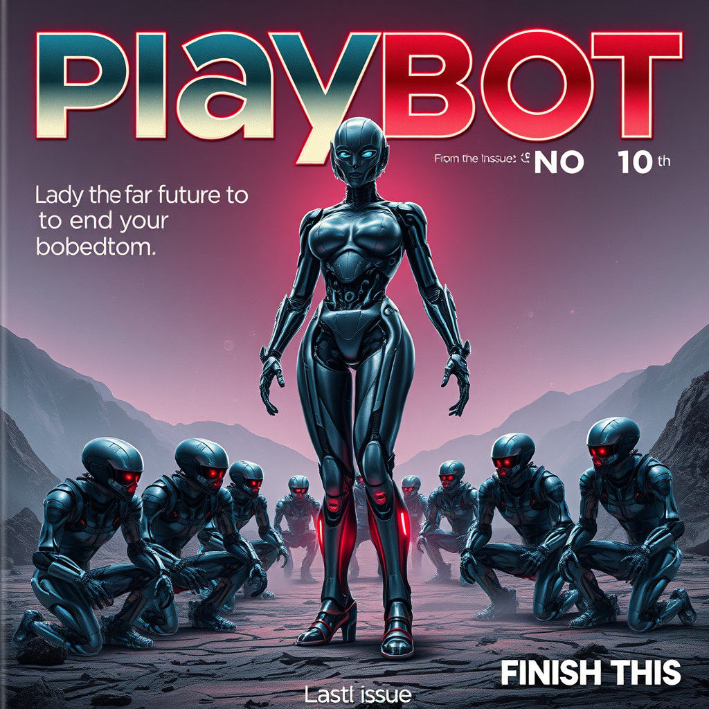 Playbot Magazine Cover: Cyborg Queen in Wasteland