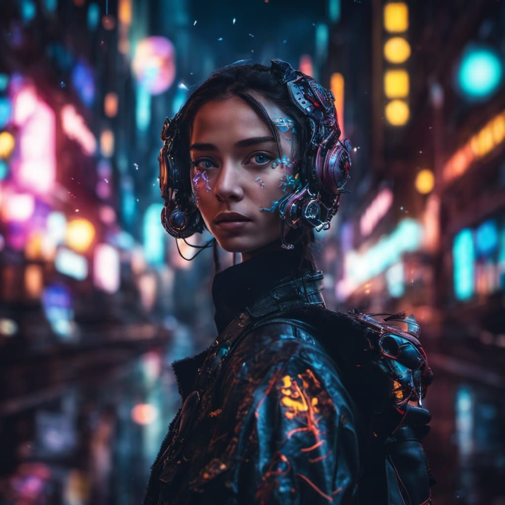 Cyborg Girl in Neon City: Hyperrealistic Cyberpunk Portrait