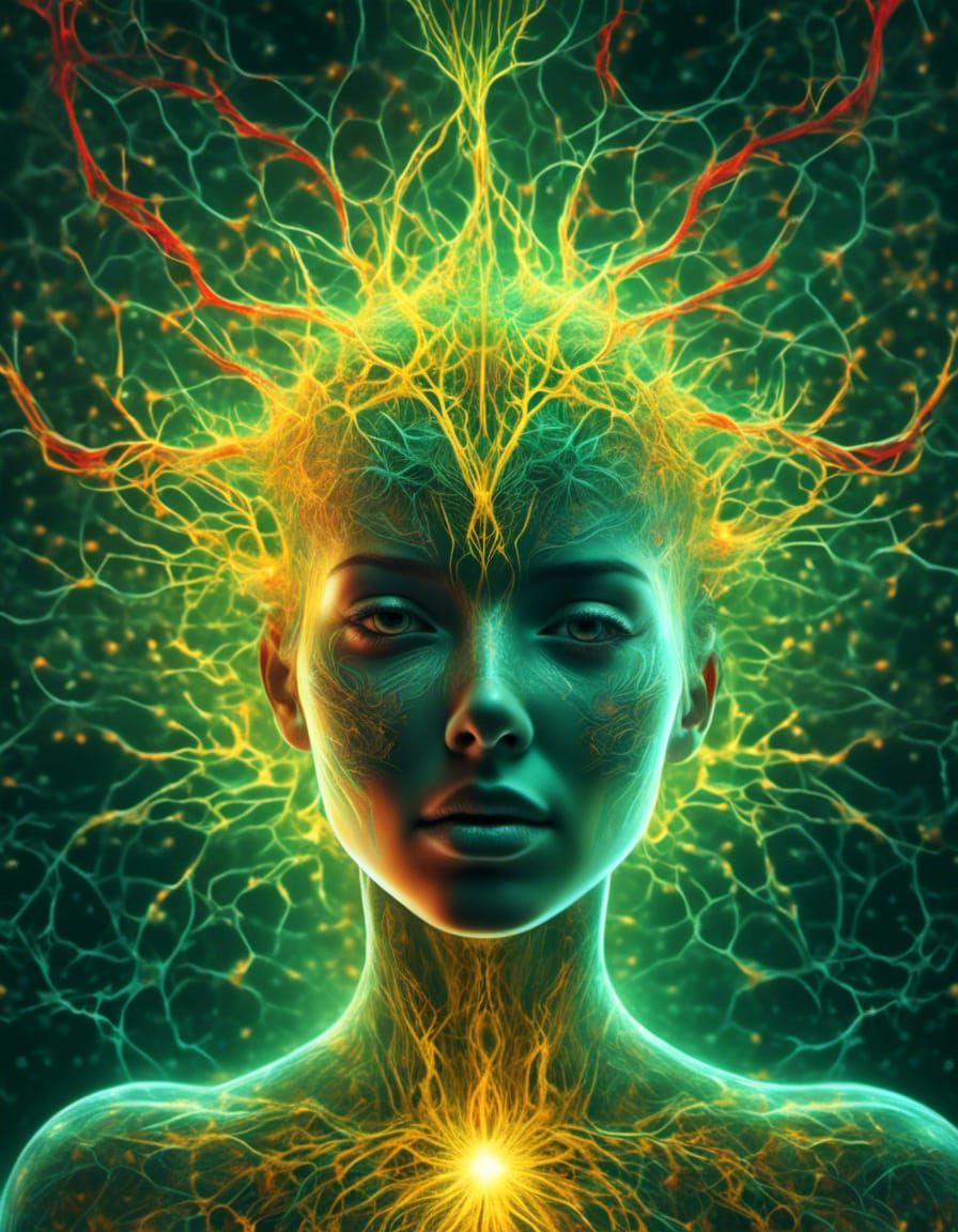 Luminescent Neurons in Female Figure, Holographic Illustrati...