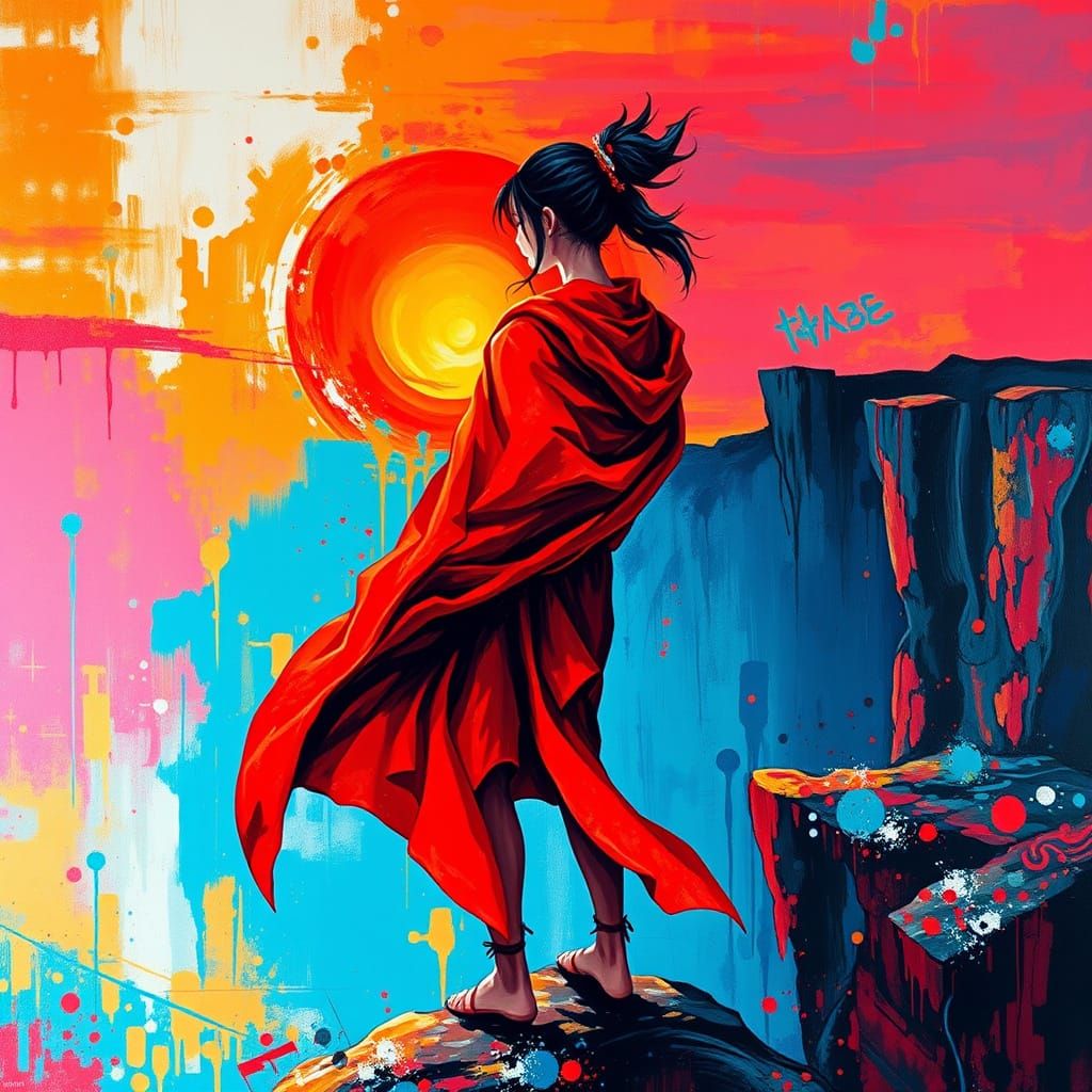 Asian Warrior Woman Observes Fiery Sunset as Splash Art