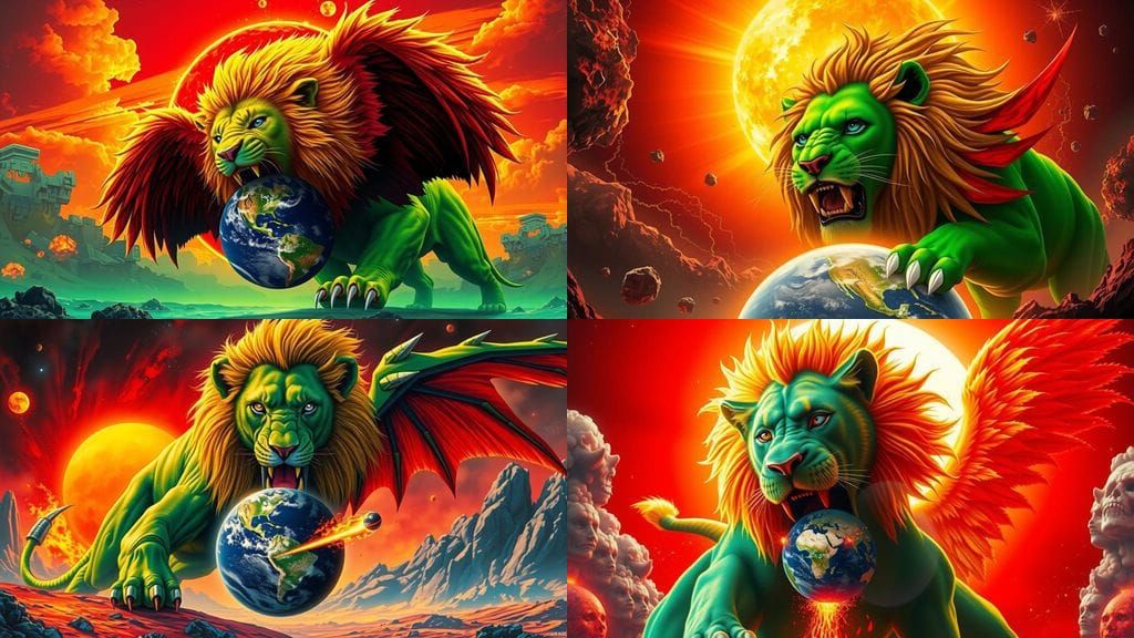 Cosmic Green Lion Devours Planet in Apocalyptic Scene