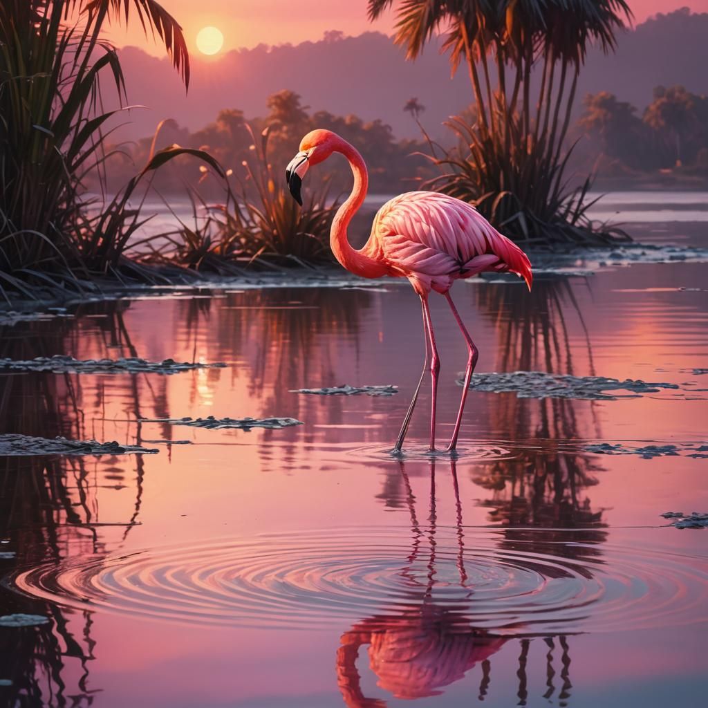 Pink Flamingo Sunset: Digital Matte Painting in Oil Style