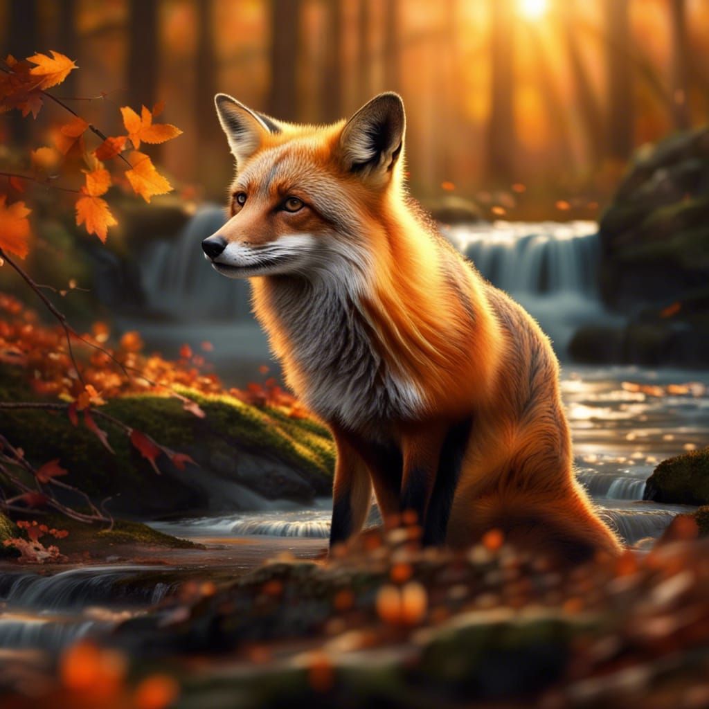 Photorealistic Fox in Autumn Forest at Sunset