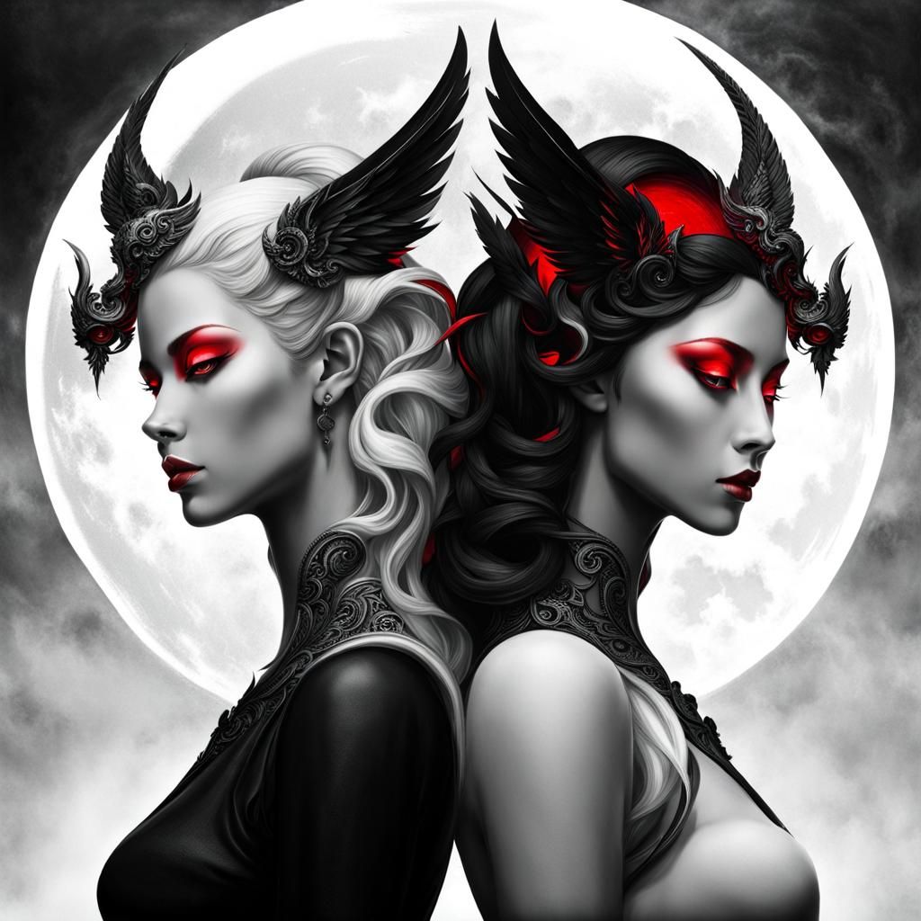 Demon and Angel Twins in Yin and Yang Composition
