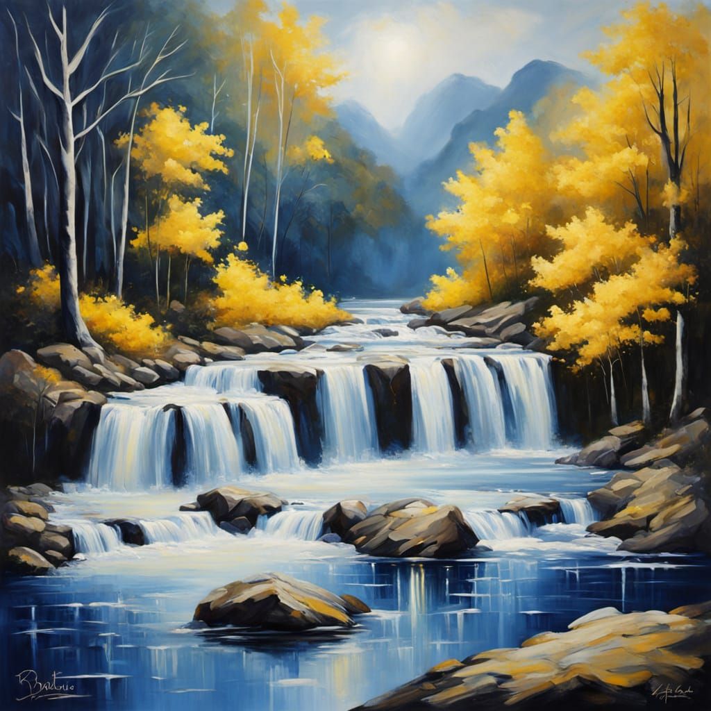 Dramatic Waterfall Painting in Shades of Yellow and Blue