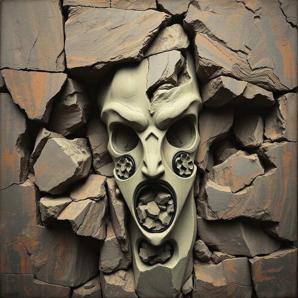 Ancient Stone Face Emerge from Rocky Outcropping in Surreali...