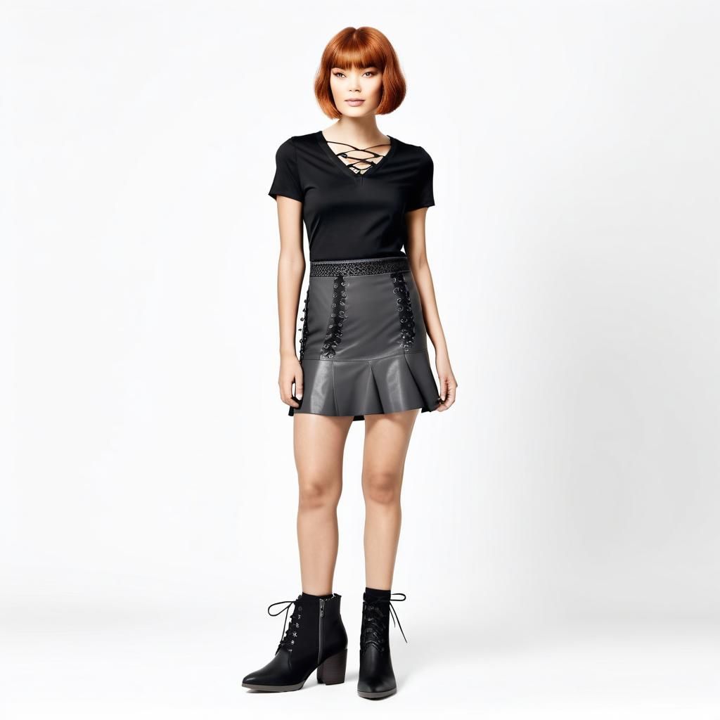 Auburn Bob Hairstyle with Black Outfit and Boots