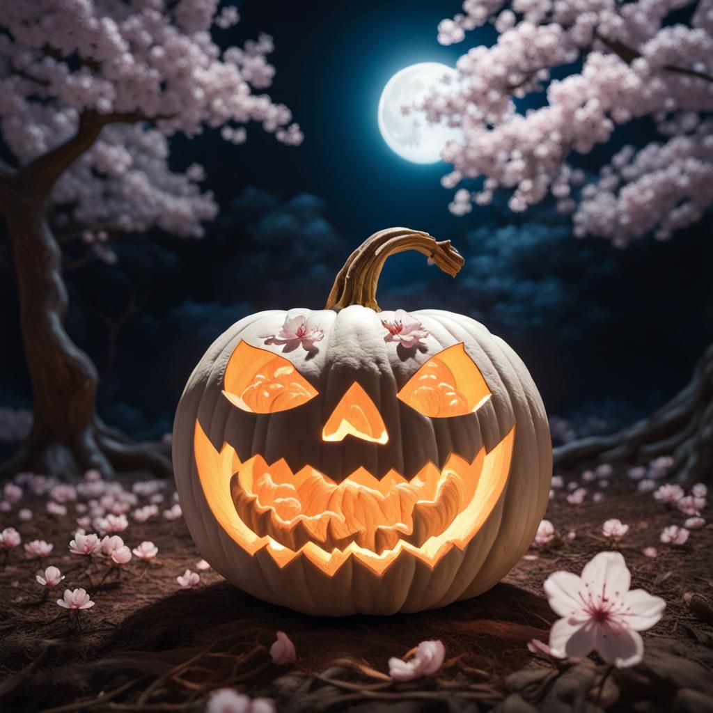 Moonlit Cherry Blossom Jack-o'-Lantern Photo