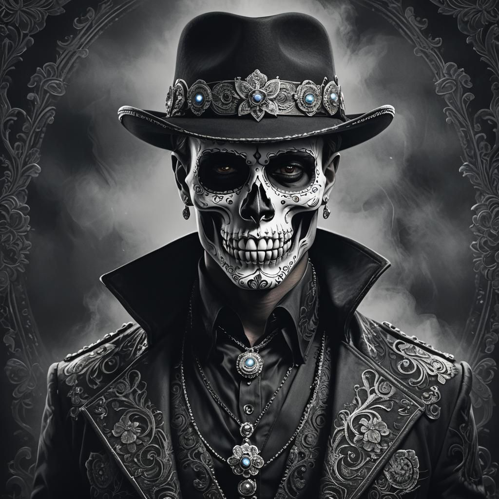 Ornate Sugar Skull Gangster in Dark Fantasy Style