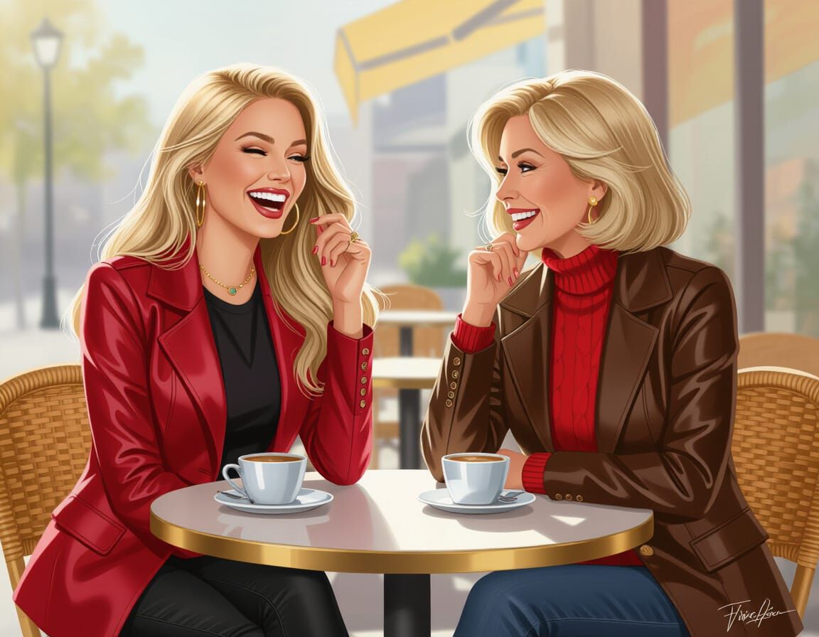 Pinup Model and Mother Laughing at Cafe in Comic Art Style