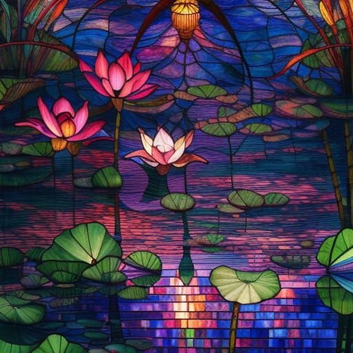 Stained Glass Lotus Lake Landscape in Digital Art