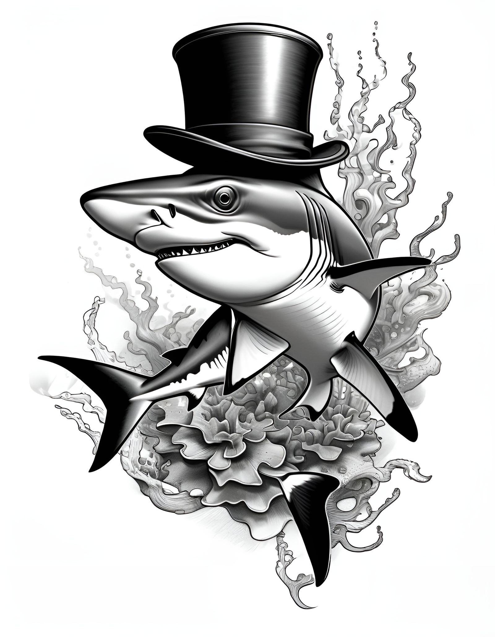 Smoking Shark in Top Hat: Surreal Tattoo Art