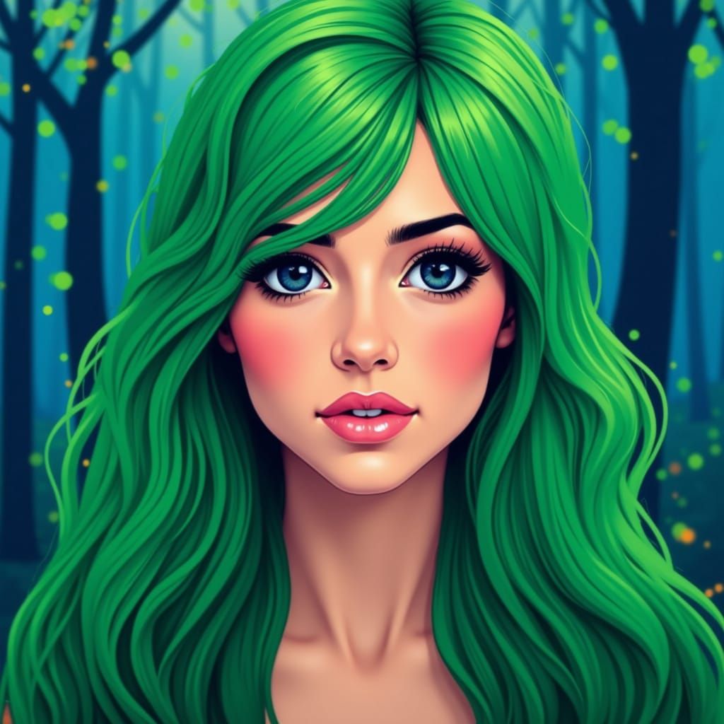 Luminous Green-Haired Woman with Doe Eyes in Dotty Style