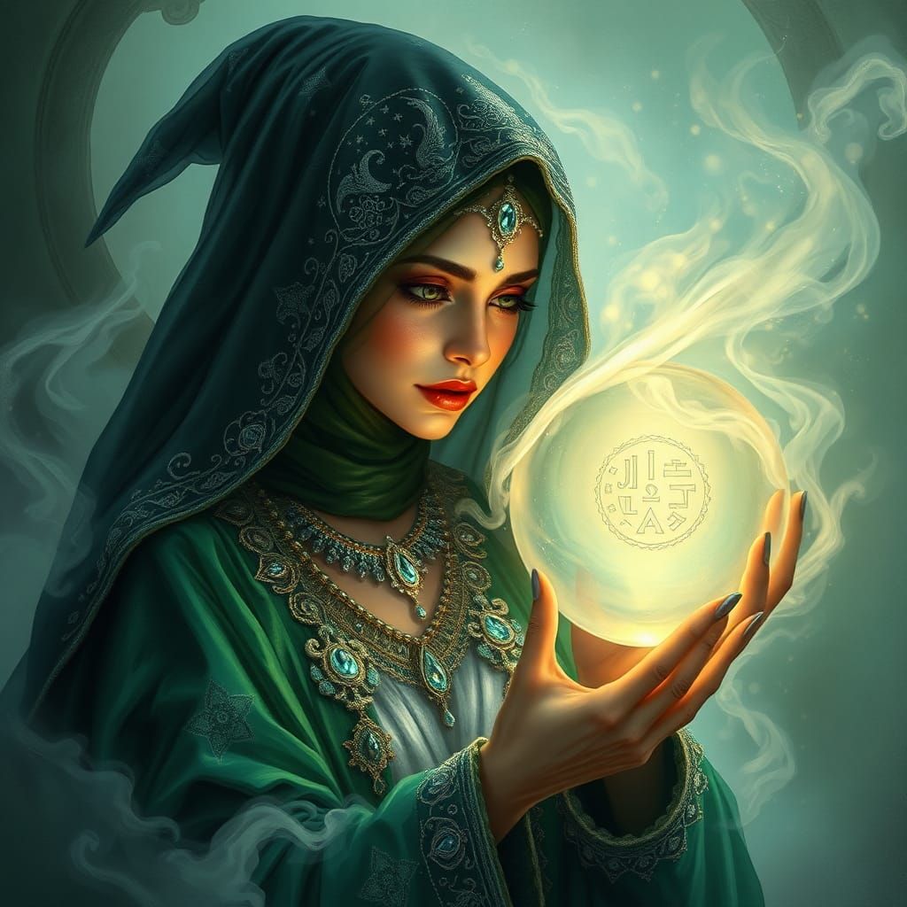 Mystical Arabian Witch Gazing into Crystal Ball