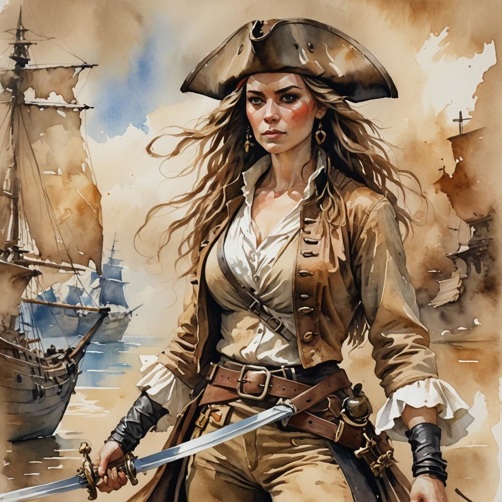 Pirate Girl with Silver Sword in Gouache Style