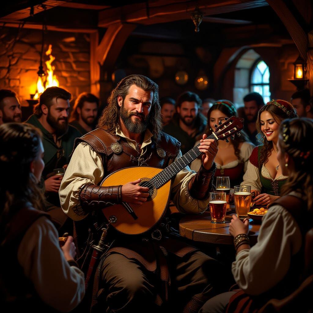 Bard Plays Lute in Tavern with Warm Firelight