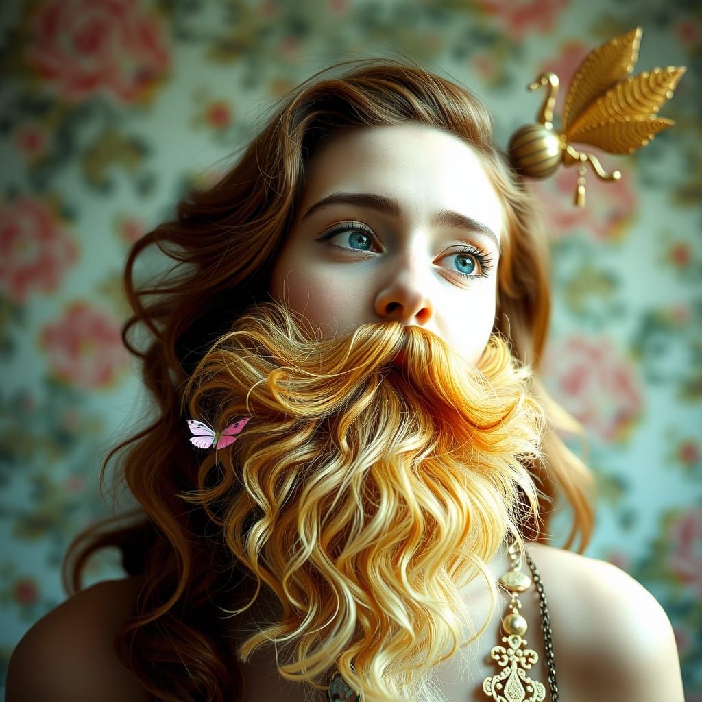 Glamorous Lady with Fantastical Beard: Surreal Digital Art