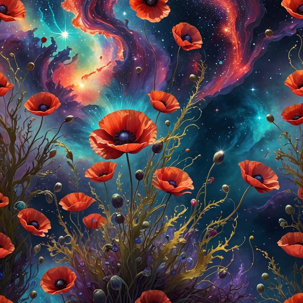 Astral Poppy Blooms in Starry Ocean, Surreal Art