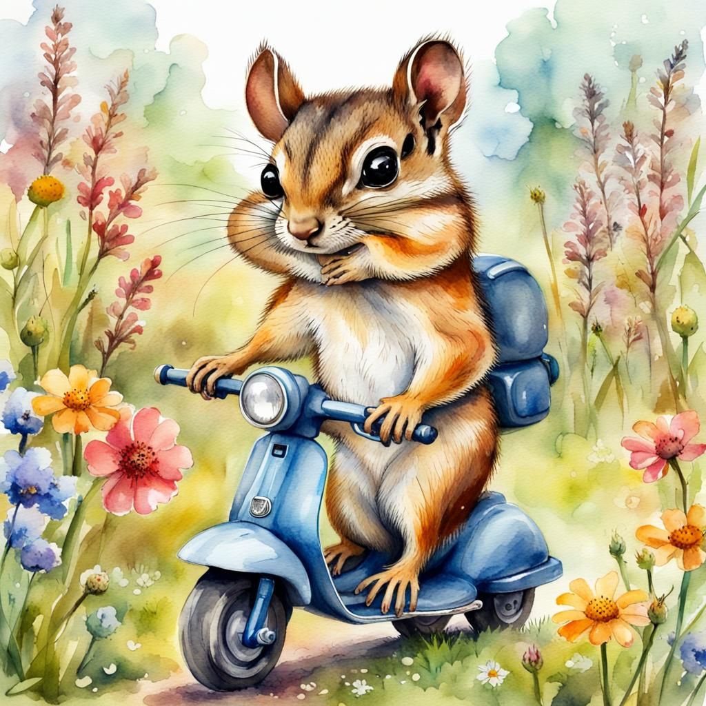 Chipmunk on Scooter in Flower Meadow Watercolor