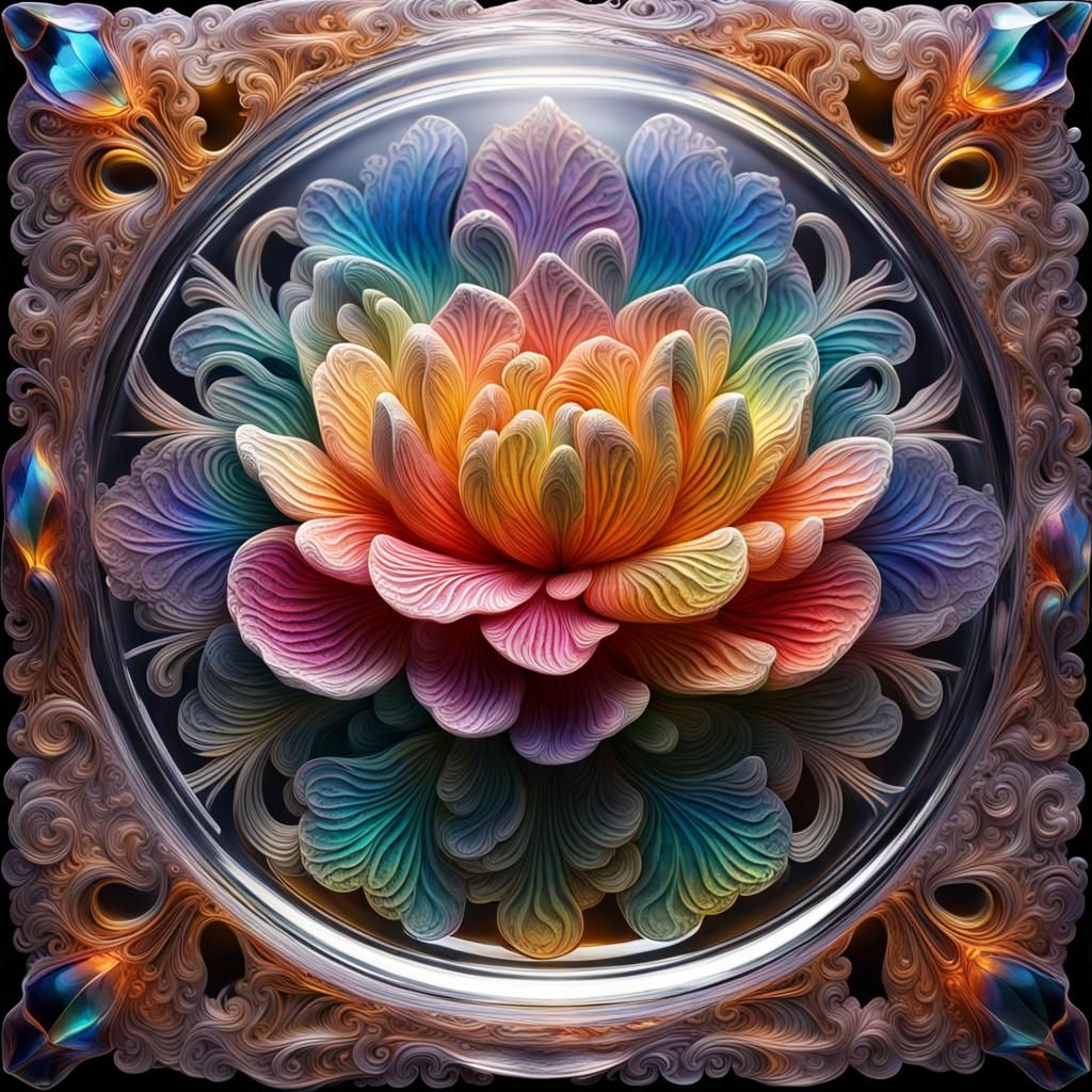 Detailed Crystal Carving with Colourful Splash Art