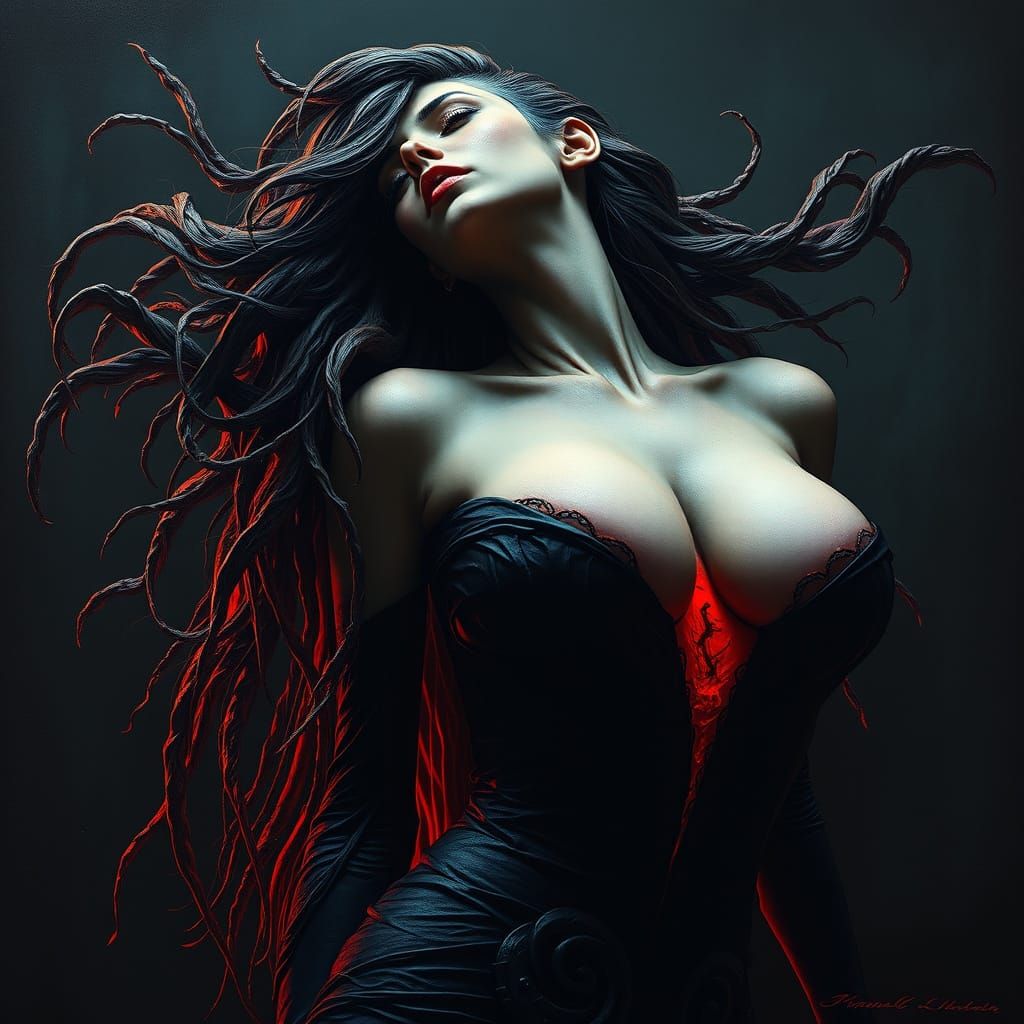 Surreal Gothic Woman with Flowing Lava Hair