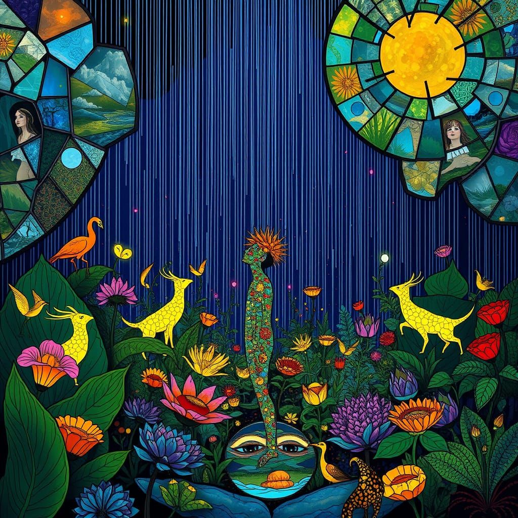 Stained Glass Garden with Mythical Creatures