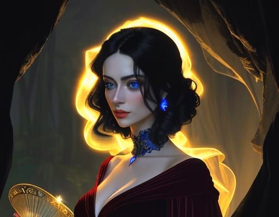 Mysterious Woman in Ruby Velvet Gown, Oil Painting