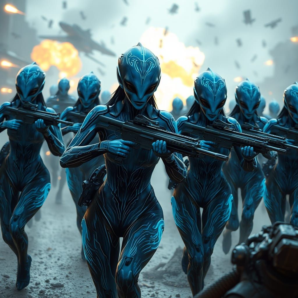 Metallic Female Alien Warriors Charge into Battle