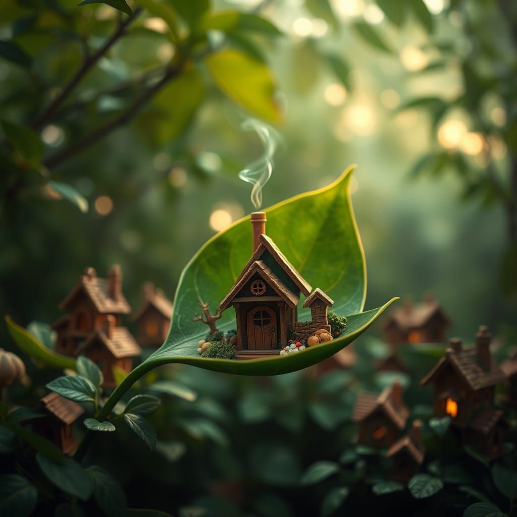 Enchanting Fairy Village on Emerald Leaves