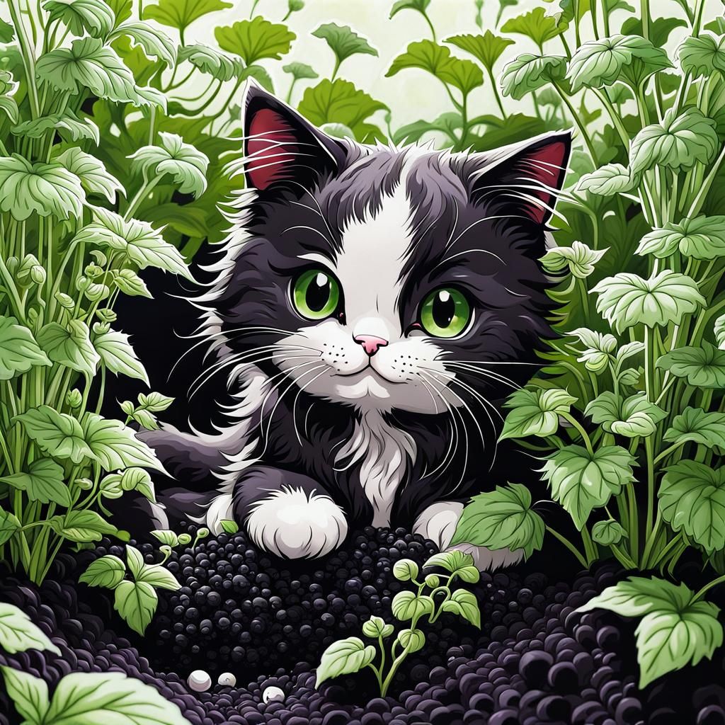 Chibi Cat's Delight: An Anime-Style Ink Painting