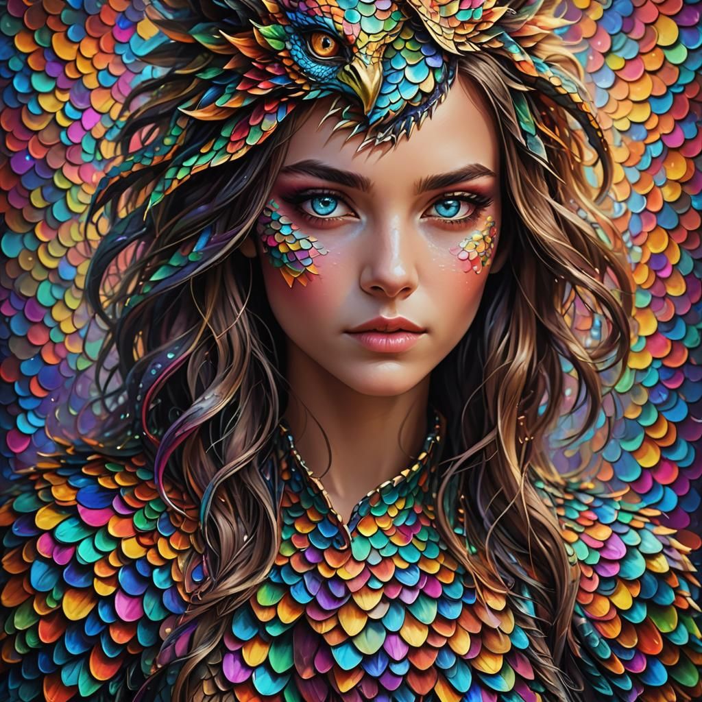 Rainbow Dragon Woman with Leopard Print, Digital Art