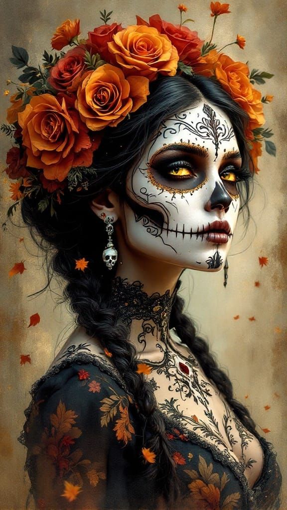 Mournful La Catrina Goddess in Sugar Skull Elegance