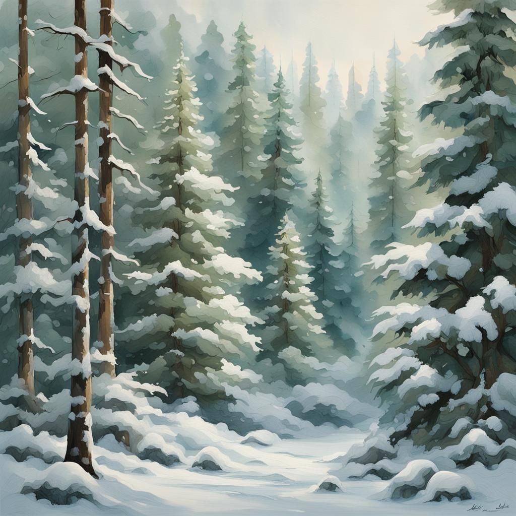 Serene Snow-Covered Forest in Winter Ambiance