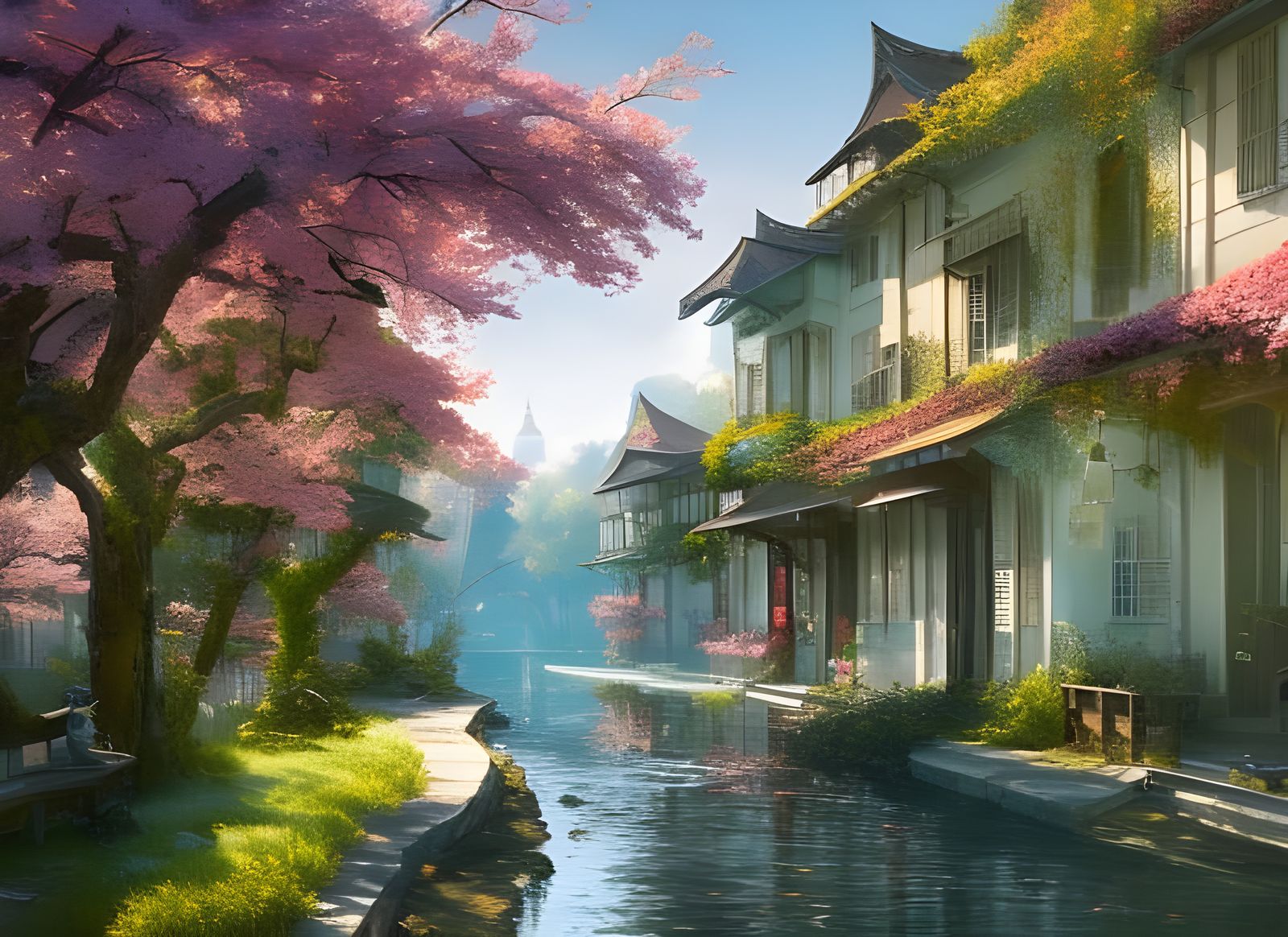 Hyperdetailed Cityscape with Cherry Blossoms and Tram