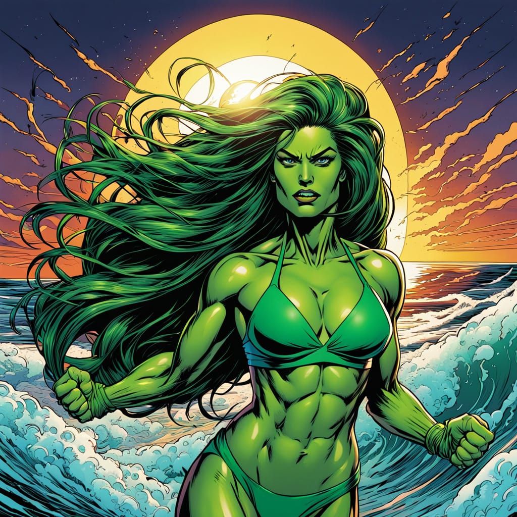 Electric Green Goddess Reigns Supreme on the Beach
