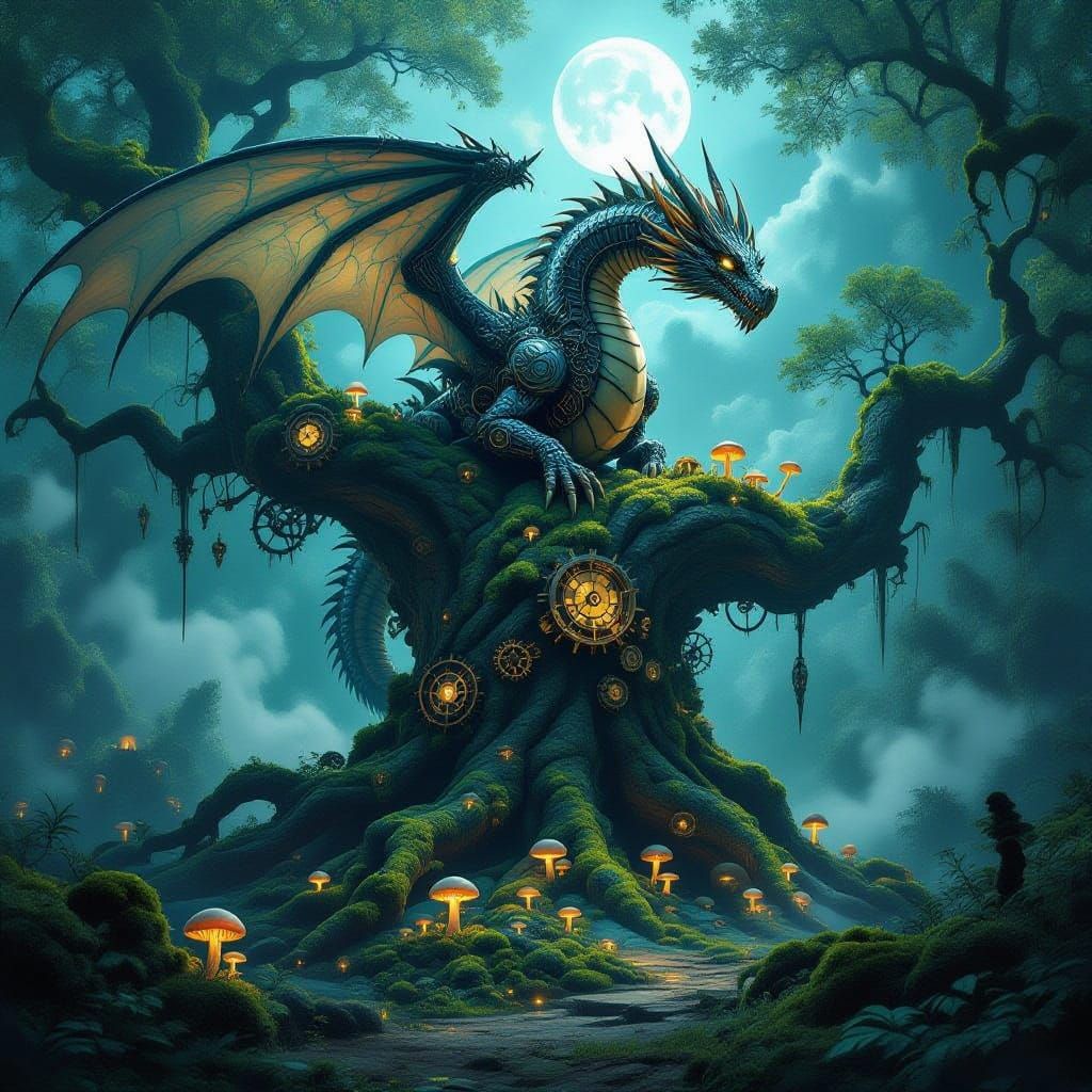 Mechanical Dragon on Bioluminescent Ancient Tree