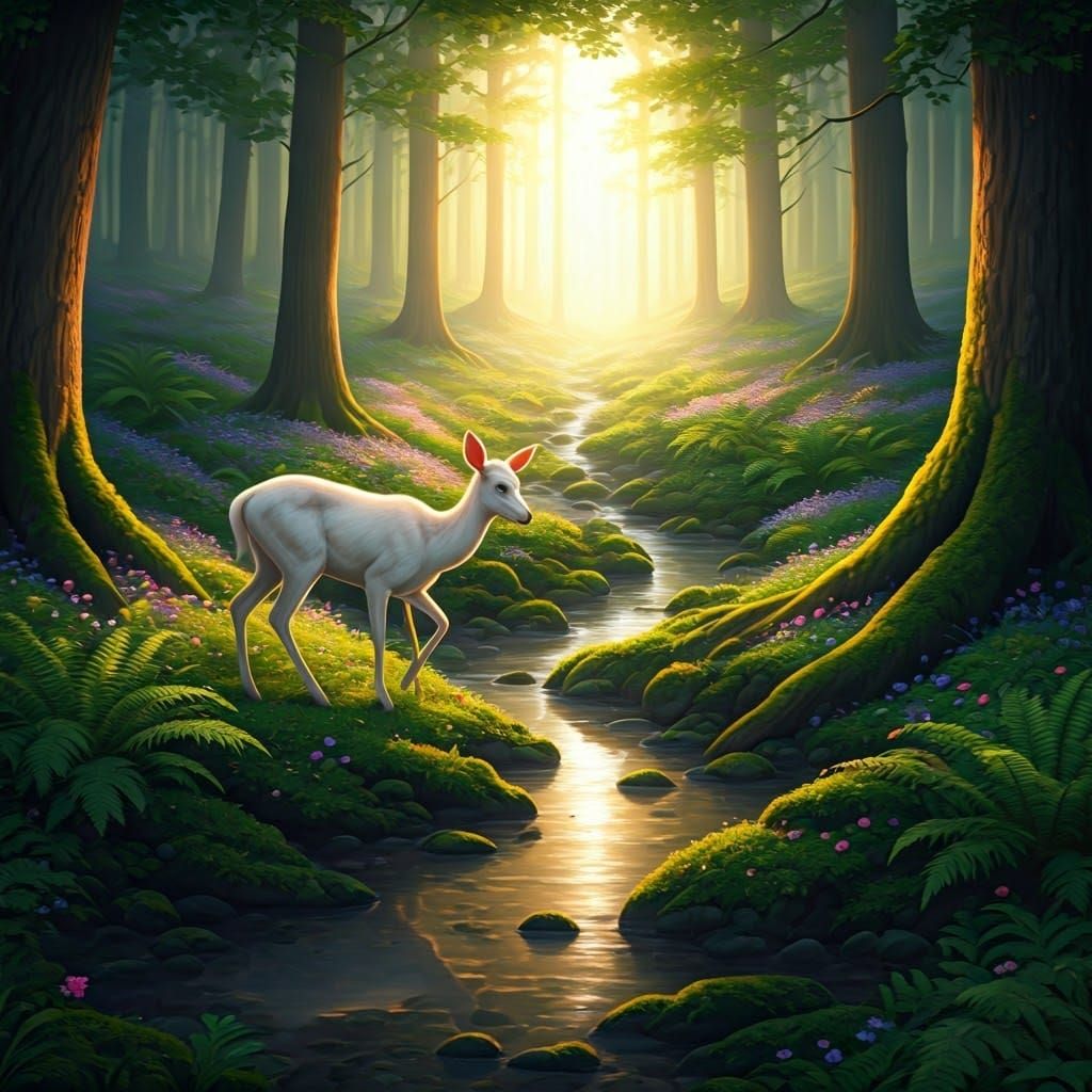 Serene White Stag in Emerald Woodland