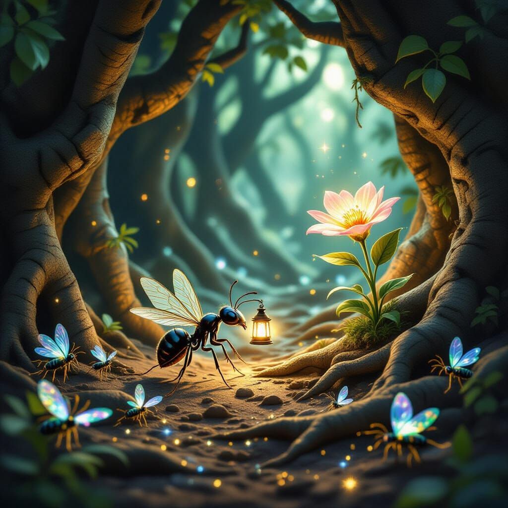 Ant's Quest: Lantern Light Through Root Maze