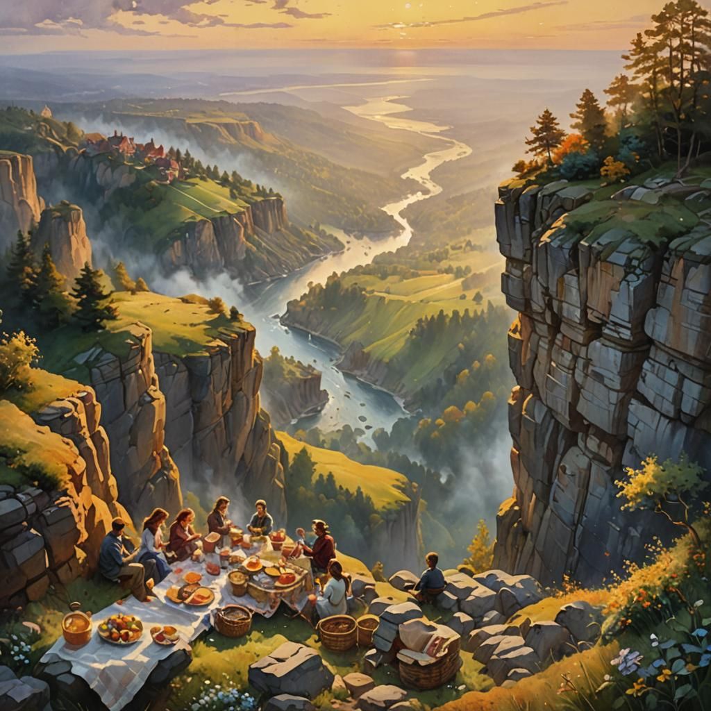 Cliffside Picnic in Impressionist Watercolor Style