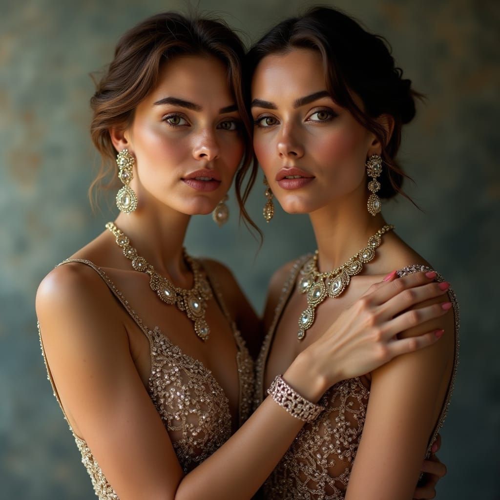 Elegant Women Model Sparkling Jewelry in Modern Studio